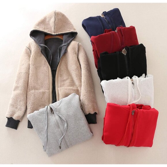 Women's Sherpa Lined Hooded Sweatshirt Zip Up Winter Warm Hoodie Comfy Hooded Fl - Picture 5 of 7
